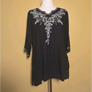 Pink Cattlelac Womens Black White Floral Embroidered 3/4 Sleeve Tunic Rayon We S